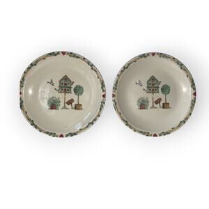 Vintage Set of 2 Thomson Pottery 7.5" salad bread plates Birdhouse hearts vines